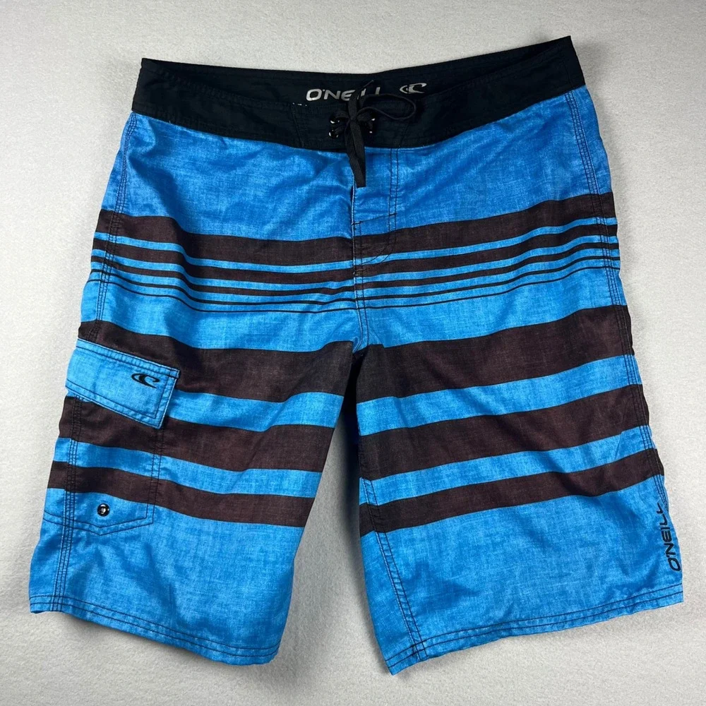 ONeill Mens Blue Black Striped Board Shorts Swim Trunks Size 34 Cargo Pocket